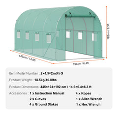 Walk-In Tunnel Greenhouse Hoop House Greenhouse Tunnel Plant Hot House with Steel Frame PE Cover Roll-Up Zipper Door