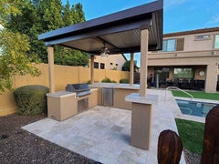 KoKoMo Outdoor Kitchen BBQ Island with 12' x 12' Pergola – Built-In 4-Burner Grill, Refrigerator, and Lighting