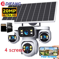DIFANG 4 Screens AOV Wireless Solar Surveillance Camera 12X Zoom 24/7 Record Solar CCTV 20MP 20W 4G Sim Card Solar IP Cam