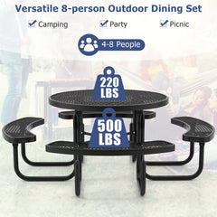 45 Inches Outdoor Round Picnic Table and Bench Set for 8 with Umbrella Hole-Black