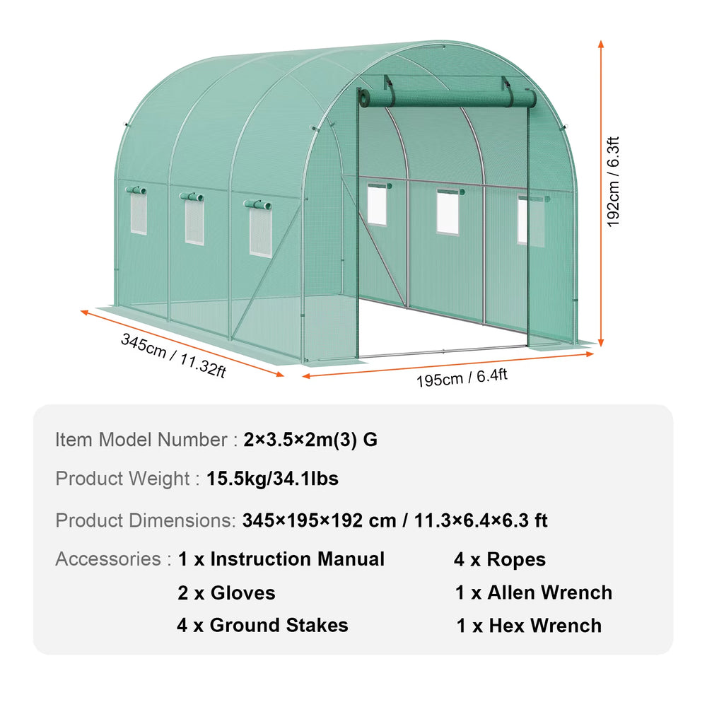 Walk-In Tunnel Greenhouse Hoop House Greenhouse Tunnel Plant Hot House with Steel Frame PE Cover Roll-Up Zipper Door