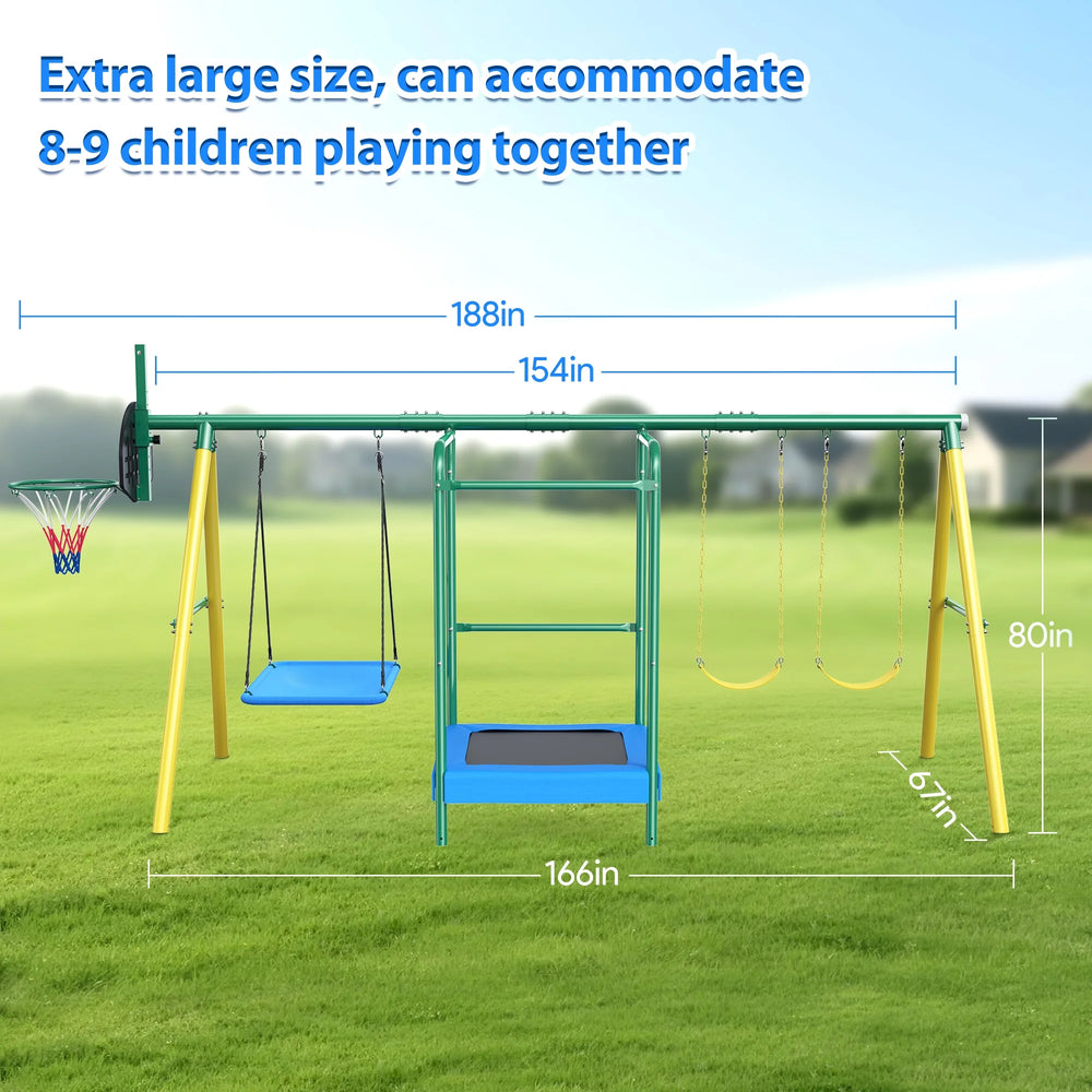 Metal Swing Sets for Backyard, Heavy-Duty Outdoor Kids Playsets for Playground,Outside Toys with Trampoline, Platform Swing, 2 Swings and Basketball Hoop for Aged 3-12