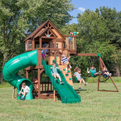 Skyfort II Cedar Wood Swing Set with Spiral Tube Slide, Clubhouse, Crow'S Nest, and Picnic Table
