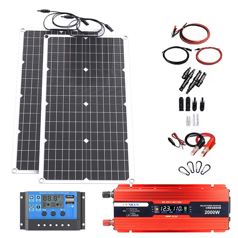 110V 220V 2000W Flexible Solar Panel System 12V Battery Charging 4000W Solar Inverter Kit for Home Outdoor Camping