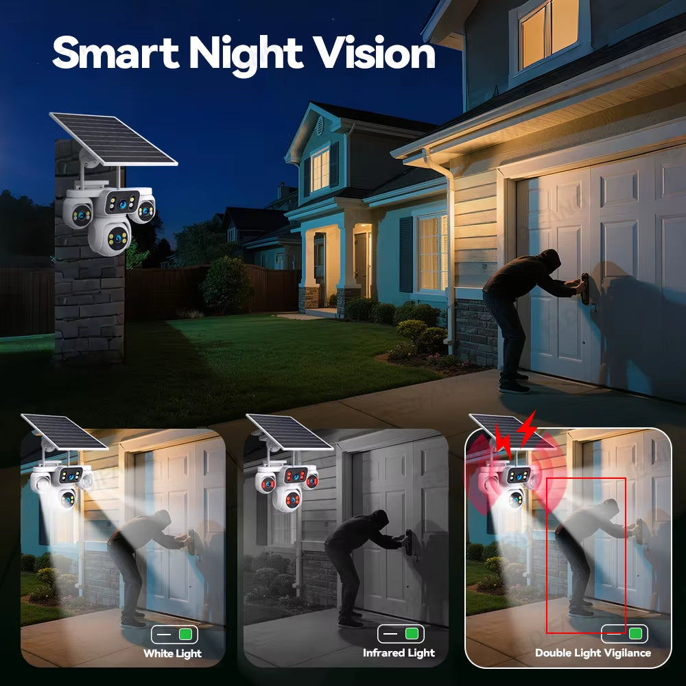 DIFANG 4 Screens AOV Wireless Solar Surveillance Camera 12X Zoom 24/7 Record Solar CCTV 20MP 20W 4G Sim Card Solar IP Cam