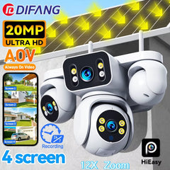 DIFANG 4 Screens AOV Wireless Solar Surveillance Camera 12X Zoom 24/7 Record Solar CCTV 20MP 20W 4G Sim Card Solar IP Cam