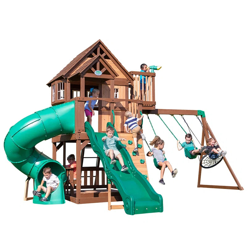 Skyfort II Cedar Wood Swing Set with Spiral Tube Slide, Clubhouse, Crow'S Nest, and Picnic Table