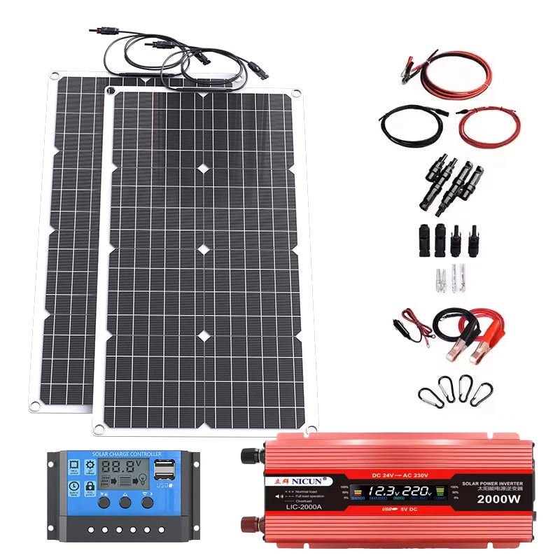 110V 220V 2000W Flexible Solar Panel System 12V Battery Charging 4000W Solar Inverter Kit for Home Outdoor Camping