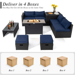 9 Pieces Outdoor PE Rattan Wicker Sectional Sofa with 42 Inch 60 000 BTU Gas Fire Pit Table-Navy