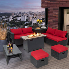 9 Pieces Outdoor PE Rattan Wicker Sectional Sofa with 42 Inch 60 000 BTU Gas Fire Pit Table-Red