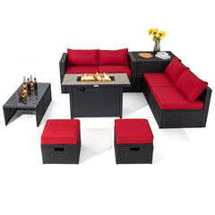 9 Pieces Outdoor PE Rattan Wicker Sectional Sofa with 42 Inch 60 000 BTU Gas Fire Pit Table-Red