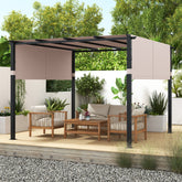 10 x 10 ft Flat Top Pergola with Retractable Canopy for Garden Pool Porch and Backyard-Beige