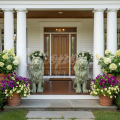 Sitting Lion Bronze Statue Pair