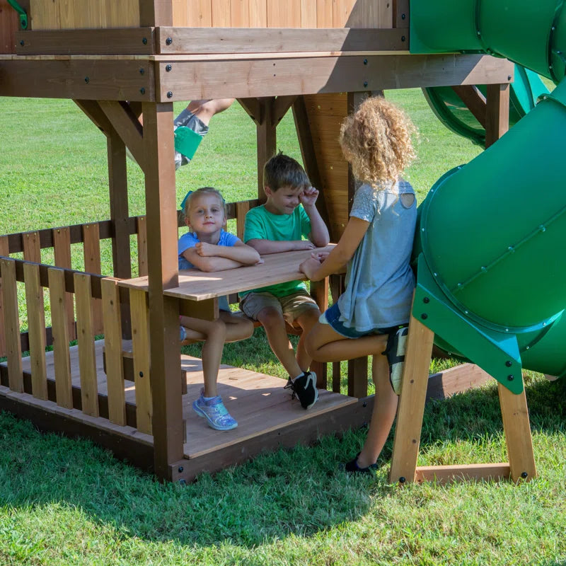 Skyfort II Cedar Wood Swing Set with Spiral Tube Slide, Clubhouse, Crow'S Nest, and Picnic Table