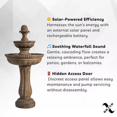 39 In. 2-Tier Outdoor Freestanding Solar Water Fountain - Classic Design, Sand Stone Resin Bird Bath with Pump