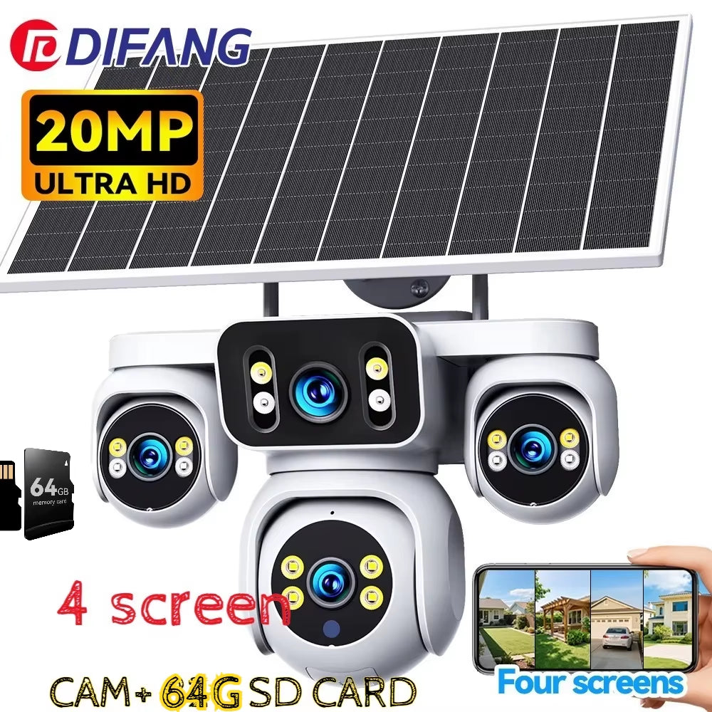 DIFANG 4 Screens AOV Wireless Solar Surveillance Camera 12X Zoom 24/7 Record Solar CCTV 20MP 20W 4G Sim Card Solar IP Cam