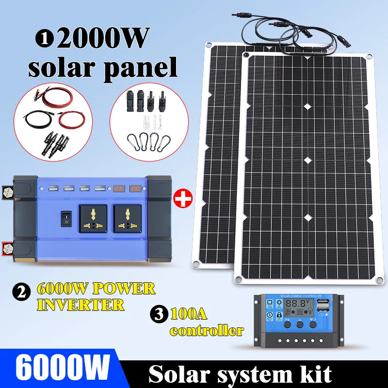 6000W Solar Panel System Kit : 110V/220V Output + 12V 24V Battery Charger & 6000W Inverter for Home/Rv/Camping (Complete System)