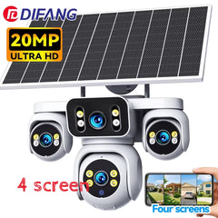 DIFANG 4 Screens AOV Wireless Solar Surveillance Camera 12X Zoom 24/7 Record Solar CCTV 20MP 20W 4G Sim Card Solar IP Cam