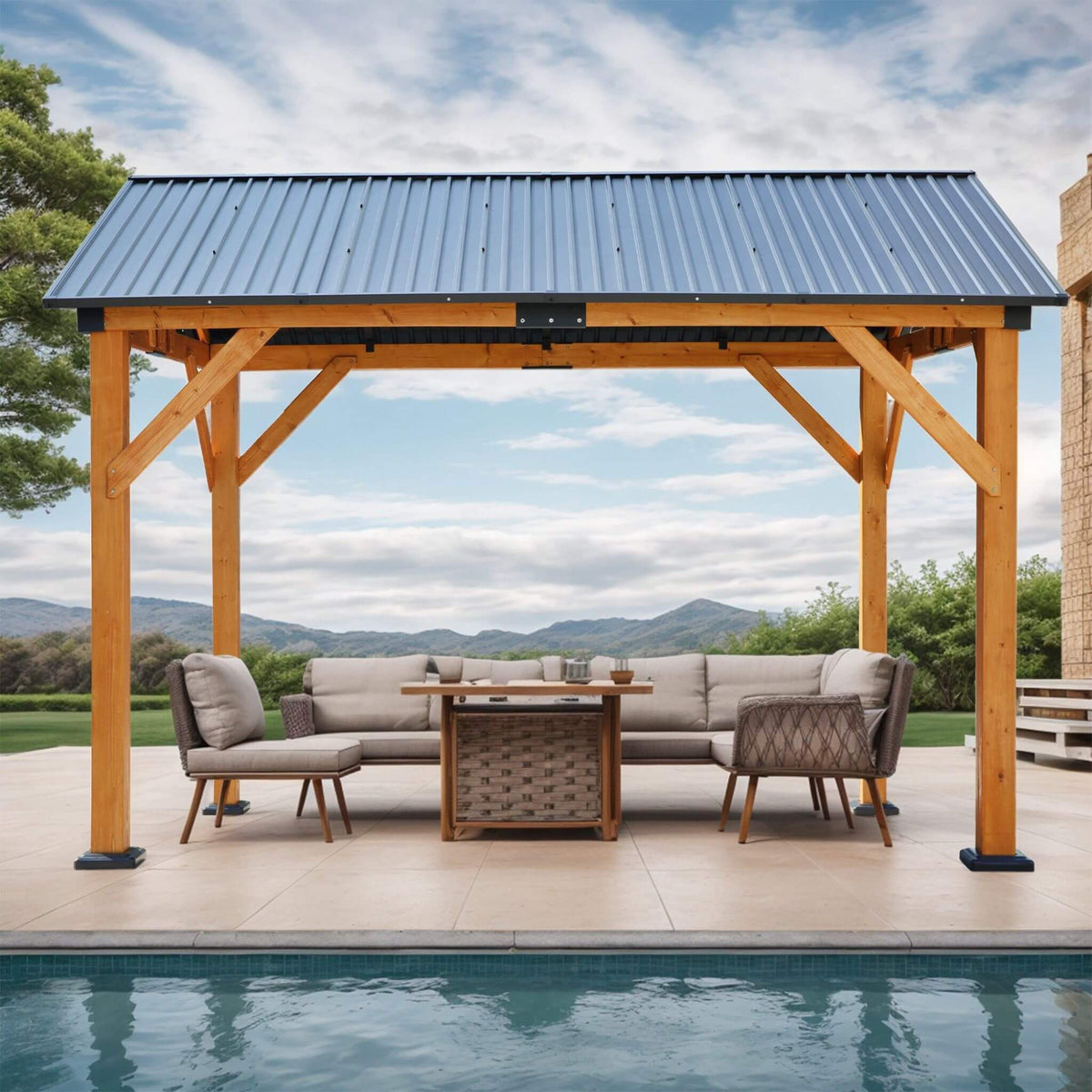 [09X11] Heavy Duty All-Weather Hard Top Wooden Carport Gazebo With Galvanized Steel Roof (SAK39187)