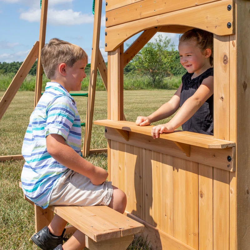 Montpelier Cedar Wood Swing Set with Wave Slide, Clubhouse, Monkey Bars, and Picnic Area