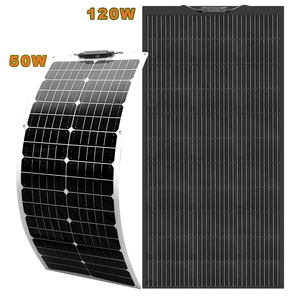 12V Flexible Solar Panel Kit Monocrystalline Solar Cell 50W 100W 120W 240W PV for Home RV & Boat Solar Power China Drop Shipping