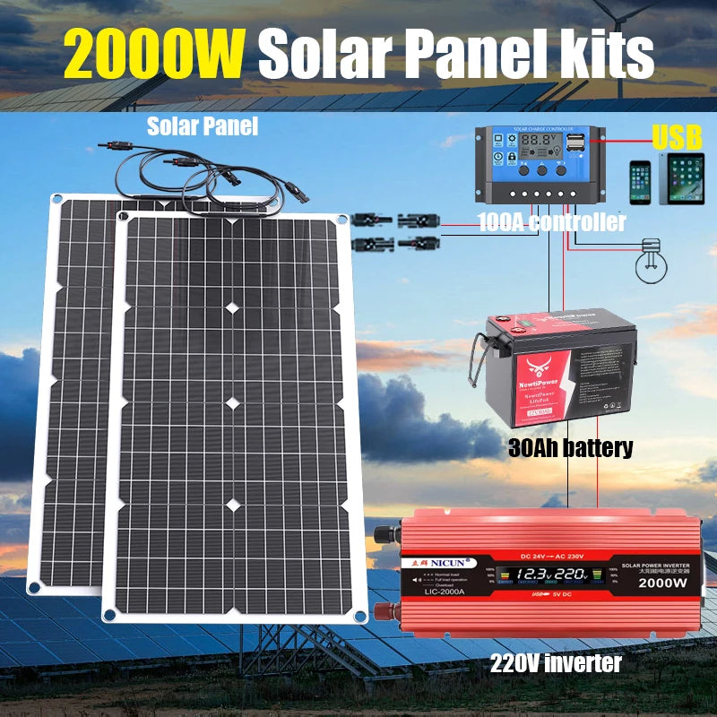 110V 220V 2000W Flexible Solar Panel System 12V Battery Charging 4000W Solar Inverter Kit for Home Outdoor Camping