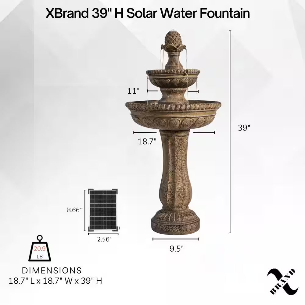 39 In. 2-Tier Outdoor Freestanding Solar Water Fountain - Classic Design, Sand Stone Resin Bird Bath with Pump