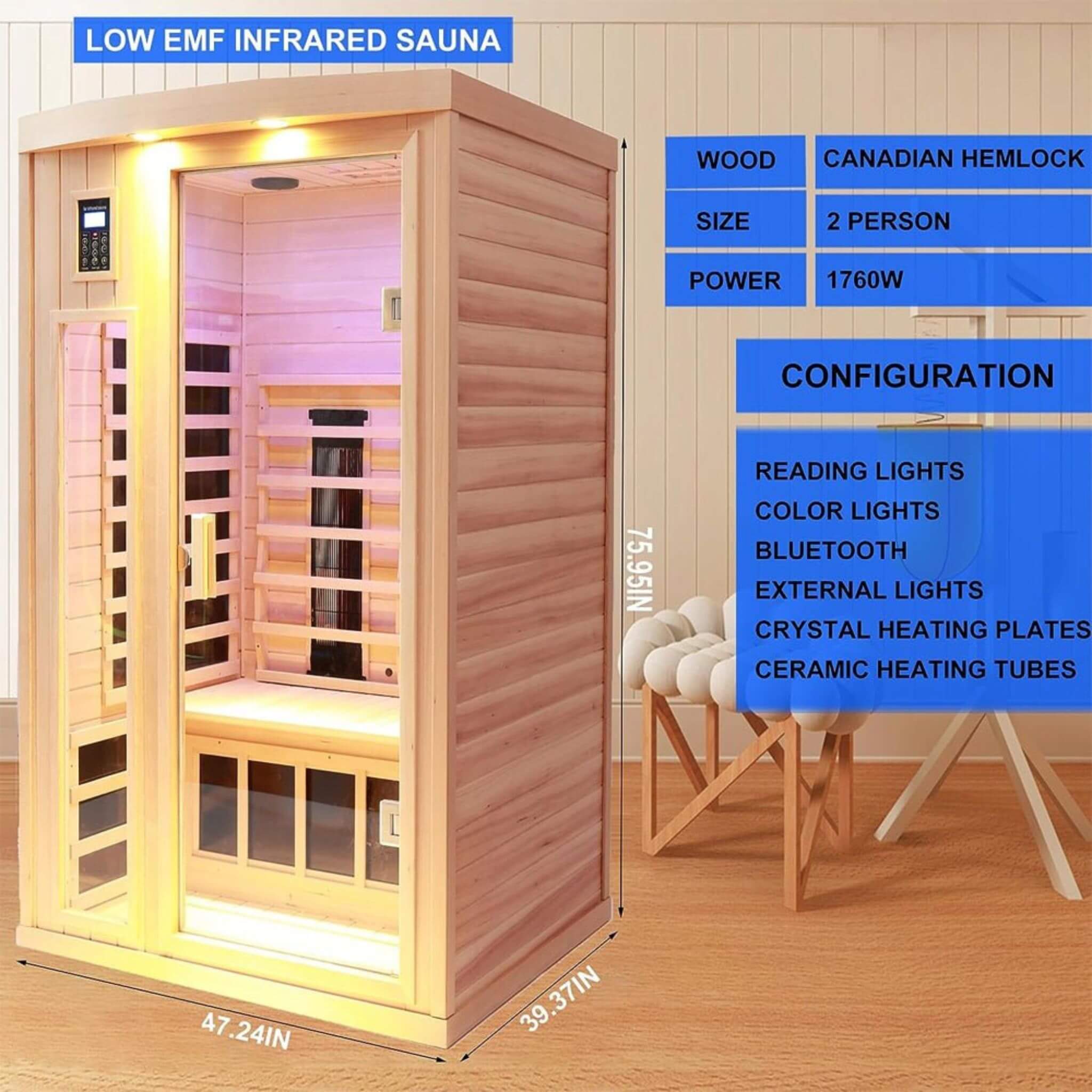 Premium 2-Person Low EMF FAR-Infrared Heat Wood Home Personal Spa Sauna With Ceramic Heaters, 1760W (SAK25714)
