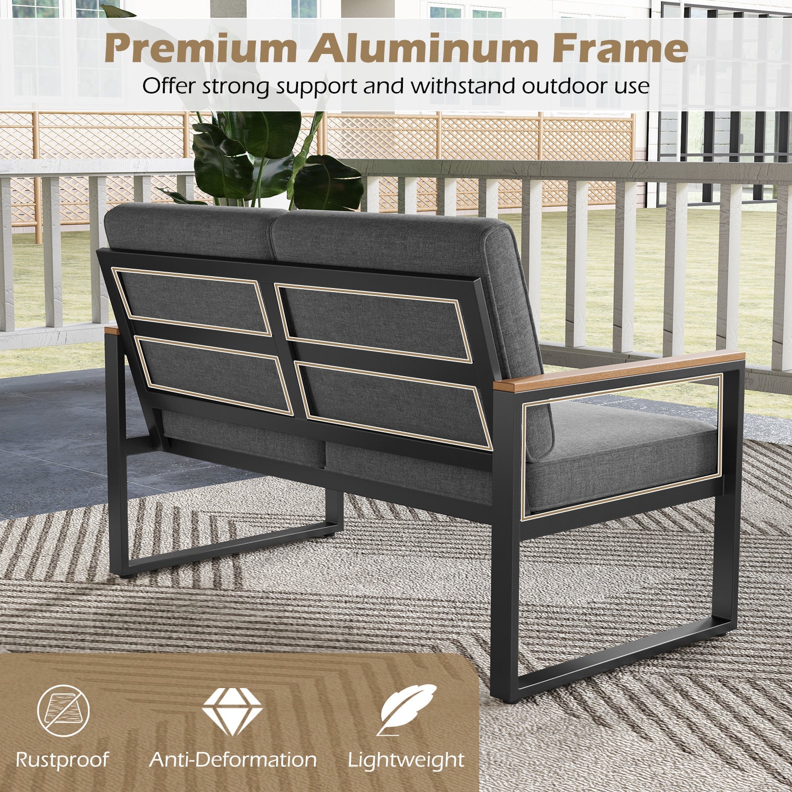 2 Piece Patio Aluminum Furniture Set with Wood-Plastic Armrests and Tabletop-Gray