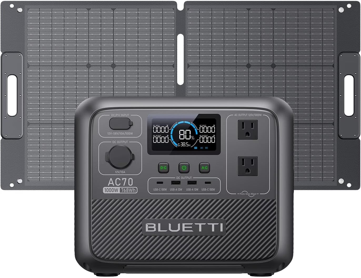 Portable Power Station AC70 with 100W Solar Panel Included, 768Wh Solar Generator with 2 1000W AC Outlets, 0-80% in 45 Min, Lifepo4 Power for Camping