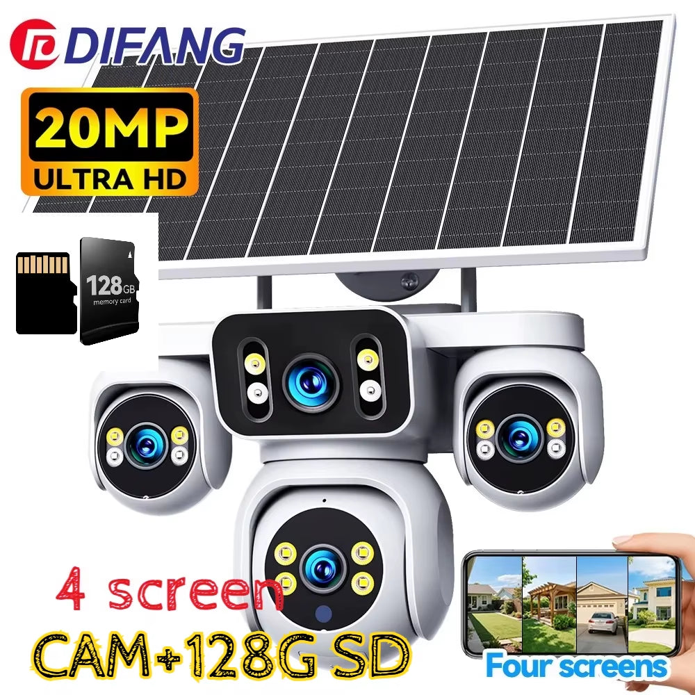 DIFANG 4 Screens AOV Wireless Solar Surveillance Camera 12X Zoom 24/7 Record Solar CCTV 20MP 20W 4G Sim Card Solar IP Cam