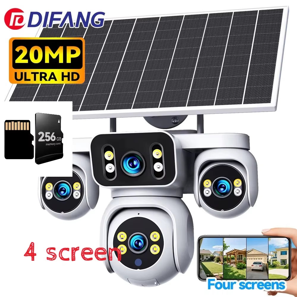 DIFANG 4 Screens AOV Wireless Solar Surveillance Camera 12X Zoom 24/7 Record Solar CCTV 20MP 20W 4G Sim Card Solar IP Cam