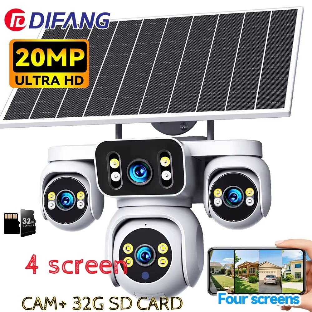 DIFANG 4 Screens AOV Wireless Solar Surveillance Camera 12X Zoom 24/7 Record Solar CCTV 20MP 20W 4G Sim Card Solar IP Cam