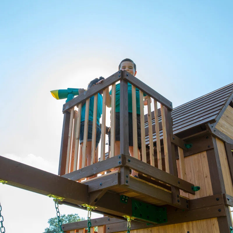 Skyfort II Cedar Wood Swing Set with Spiral Tube Slide, Clubhouse, Crow'S Nest, and Picnic Table