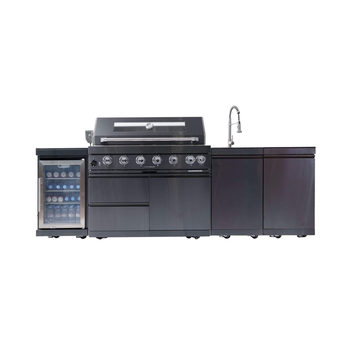 Castelle Flame 43-Inch 6-Burner 85K BTU Stainless Steel Outdoor BBQ Kitchen Island Grill With Wine Cooler, Rotisserie, And Sink (SAK19476)