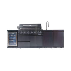 Castelle Flame 43-Inch 6-Burner 85K BTU Stainless Steel Outdoor BBQ Kitchen Island Grill With Wine Cooler, Rotisserie, And Sink (SAK19476)