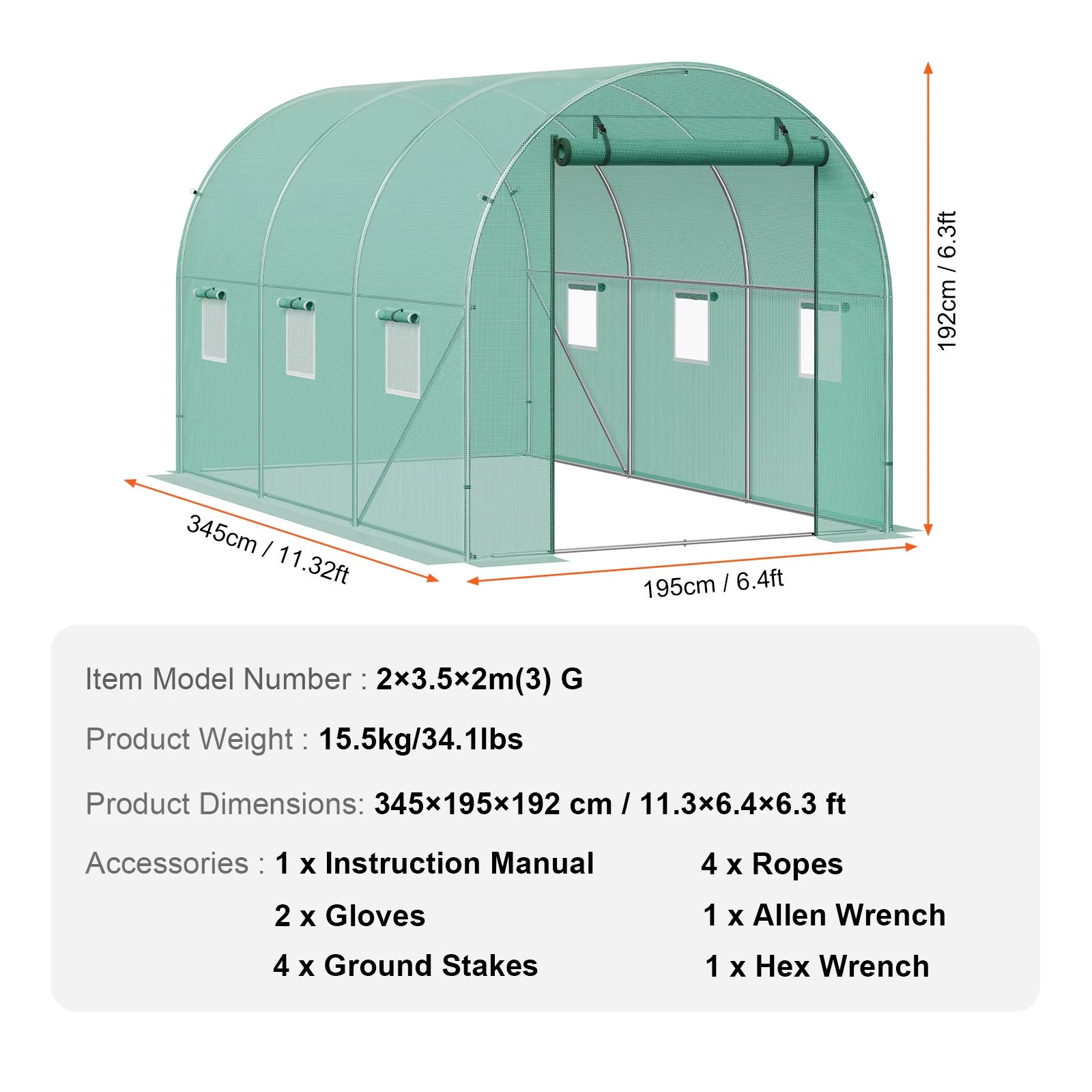 Walk-In Tunnel Greenhouse Hoop House Greenhouse Tunnel Plant Hot House with Steel Frame PE Cover Roll-Up Zipper Door