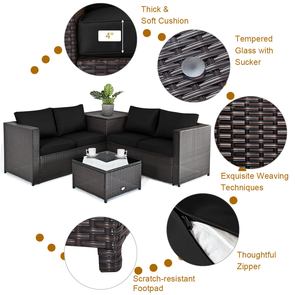4 Pieces Outdoor Patio Rattan Furniture Set with Loveseat and Storage Box-Black