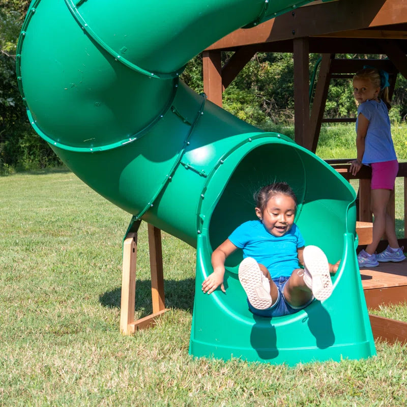 Skyfort II Cedar Wood Swing Set with Spiral Tube Slide, Clubhouse, Crow'S Nest, and Picnic Table