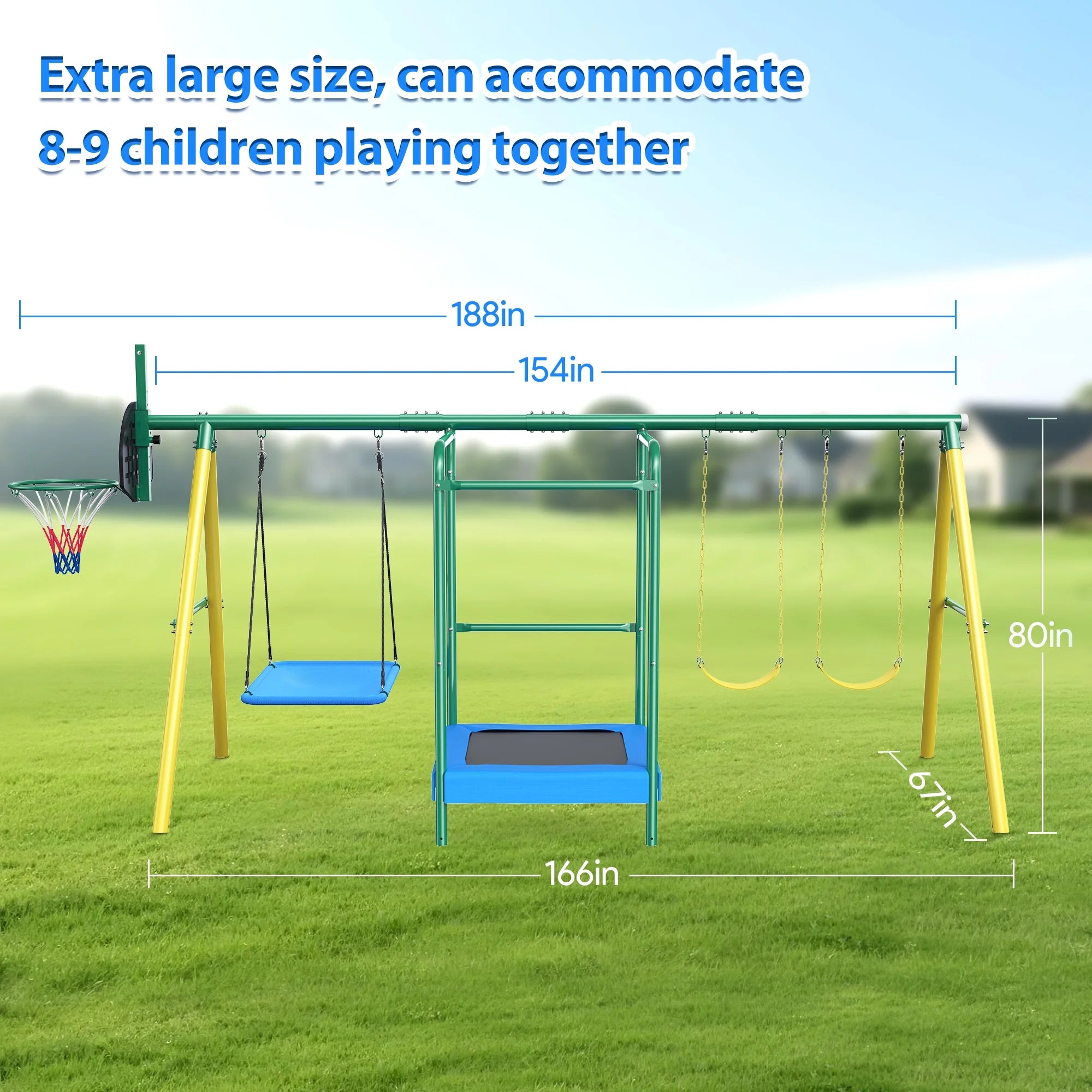 Metal Swing Sets for Backyard, Heavy-Duty Outdoor Kids Playsets for Playground,Outside Toys with Trampoline, Platform Swing, 2 Swings and Basketball Hoop for Aged 3-12