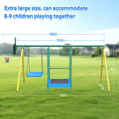 Metal Swing Sets for Backyard, Heavy-Duty Outdoor Kids Playsets for Playground,Outside Toys with Trampoline, Platform Swing, 2 Swings and Basketball Hoop for Aged 3-12
