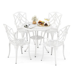5 Piece Patio Cast Aluminum Dining Table Chair Set Bistro Set with Umbrella Hole-White