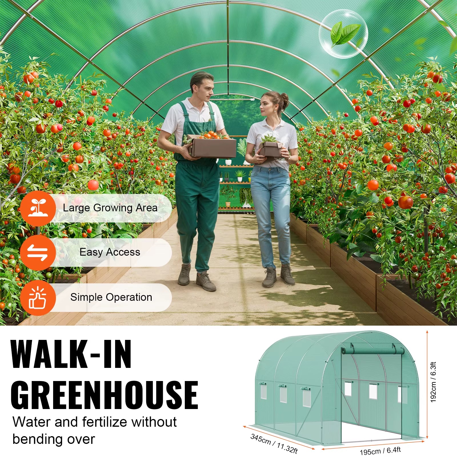 Walk-In Tunnel Greenhouse Hoop House Greenhouse Tunnel Plant Hot House with Steel Frame PE Cover Roll-Up Zipper Door