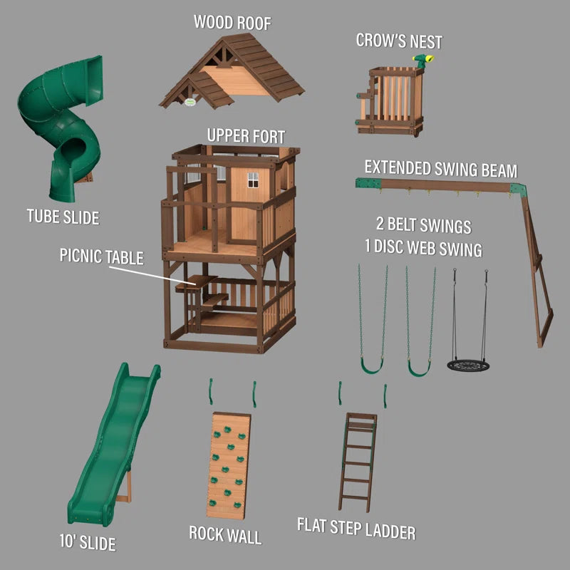 Skyfort II Cedar Wood Swing Set with Spiral Tube Slide, Clubhouse, Crow'S Nest, and Picnic Table