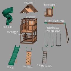 Skyfort II Cedar Wood Swing Set with Spiral Tube Slide, Clubhouse, Crow'S Nest, and Picnic Table