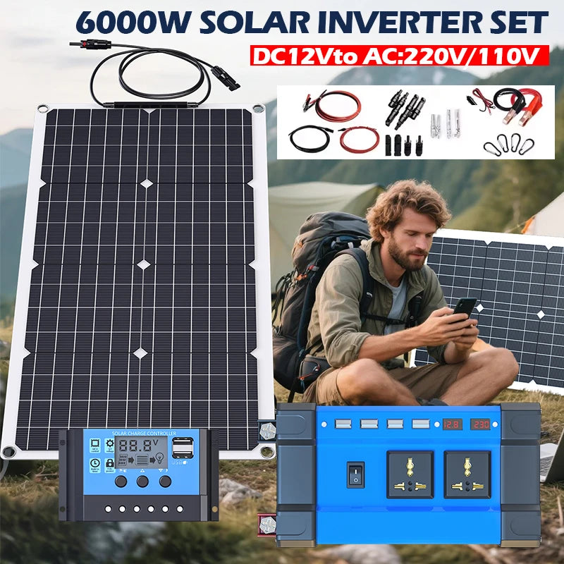 6000W Solar Panel System Kit : 110V/220V Output + 12V 24V Battery Charger & 6000W Inverter for Home/Rv/Camping (Complete System)