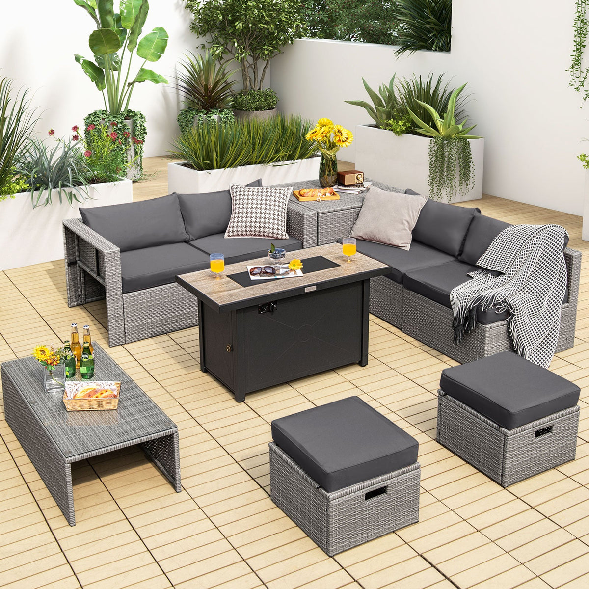 9 Pieces Patio Furniture Set with 42 Inches 60000 BTU Fire Pit-Gray