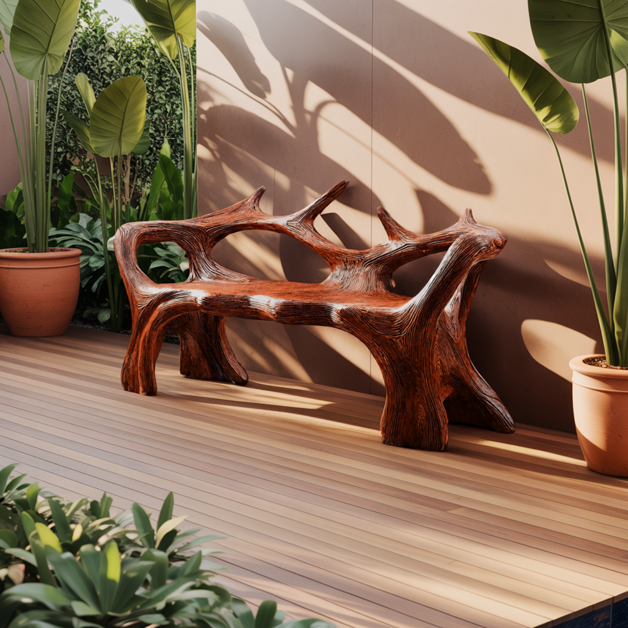 Aurelin Antler Solid Wood Sculptural Outdoor Bench