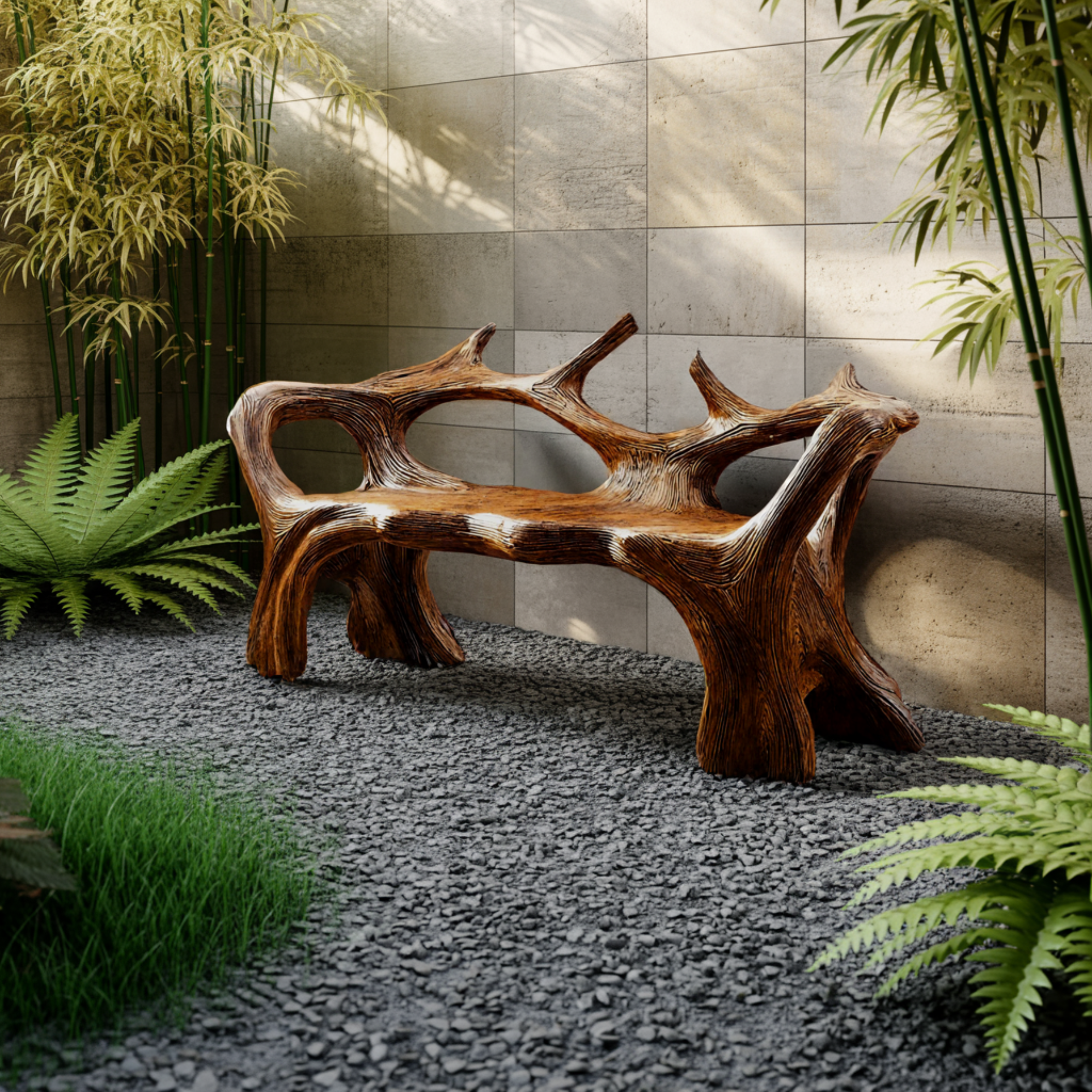 Aurelin Antler Solid Wood Sculptural Outdoor Bench