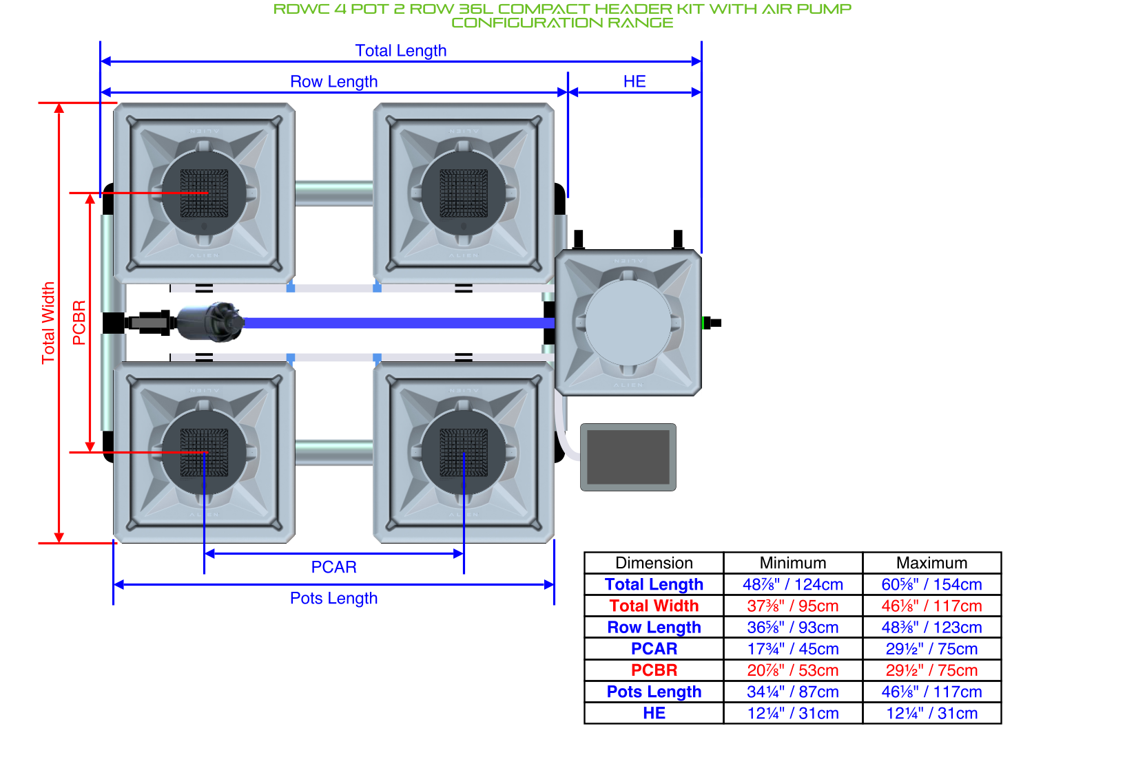 Alien Hydroponics RDWC 4 Pot 2 Row 20L Kit